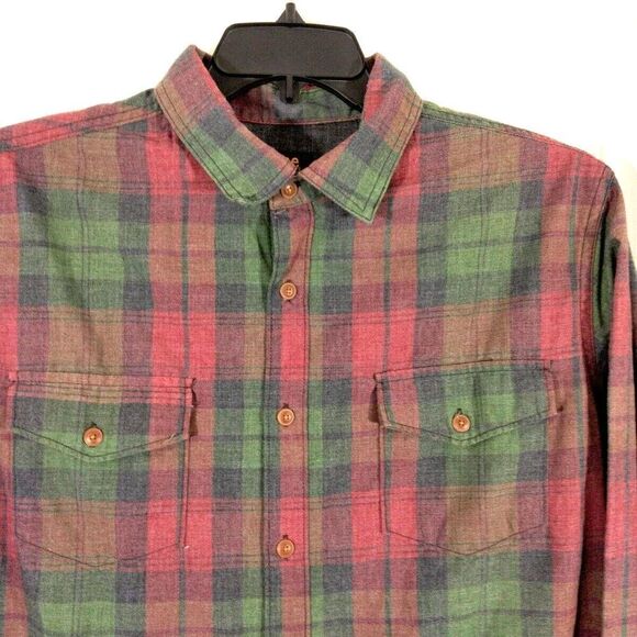Lee Mens Large Button Up Shirt Pockets Red Green Plaid Flap Pockets - Picture 2 of 5